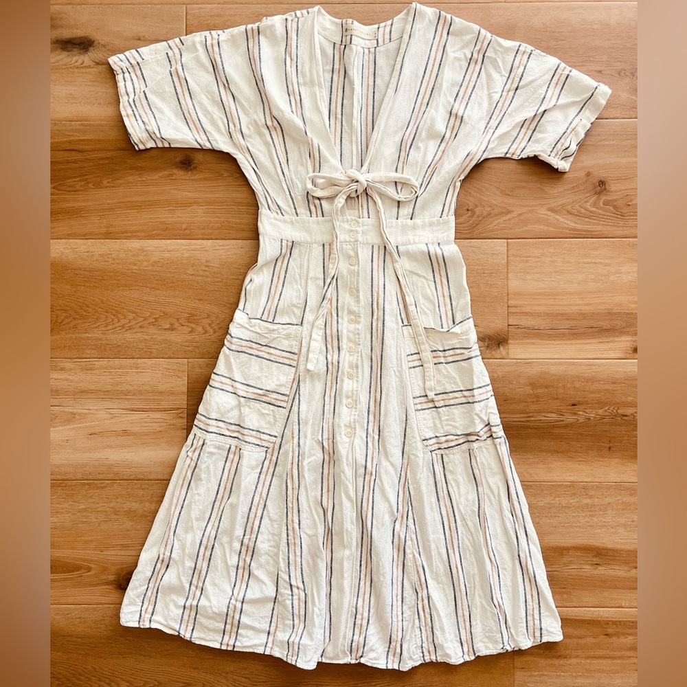 Happy x Nature Kate Hudson Linen Blend Stripe Midi Dress | Pockets - Picture 3 of 7